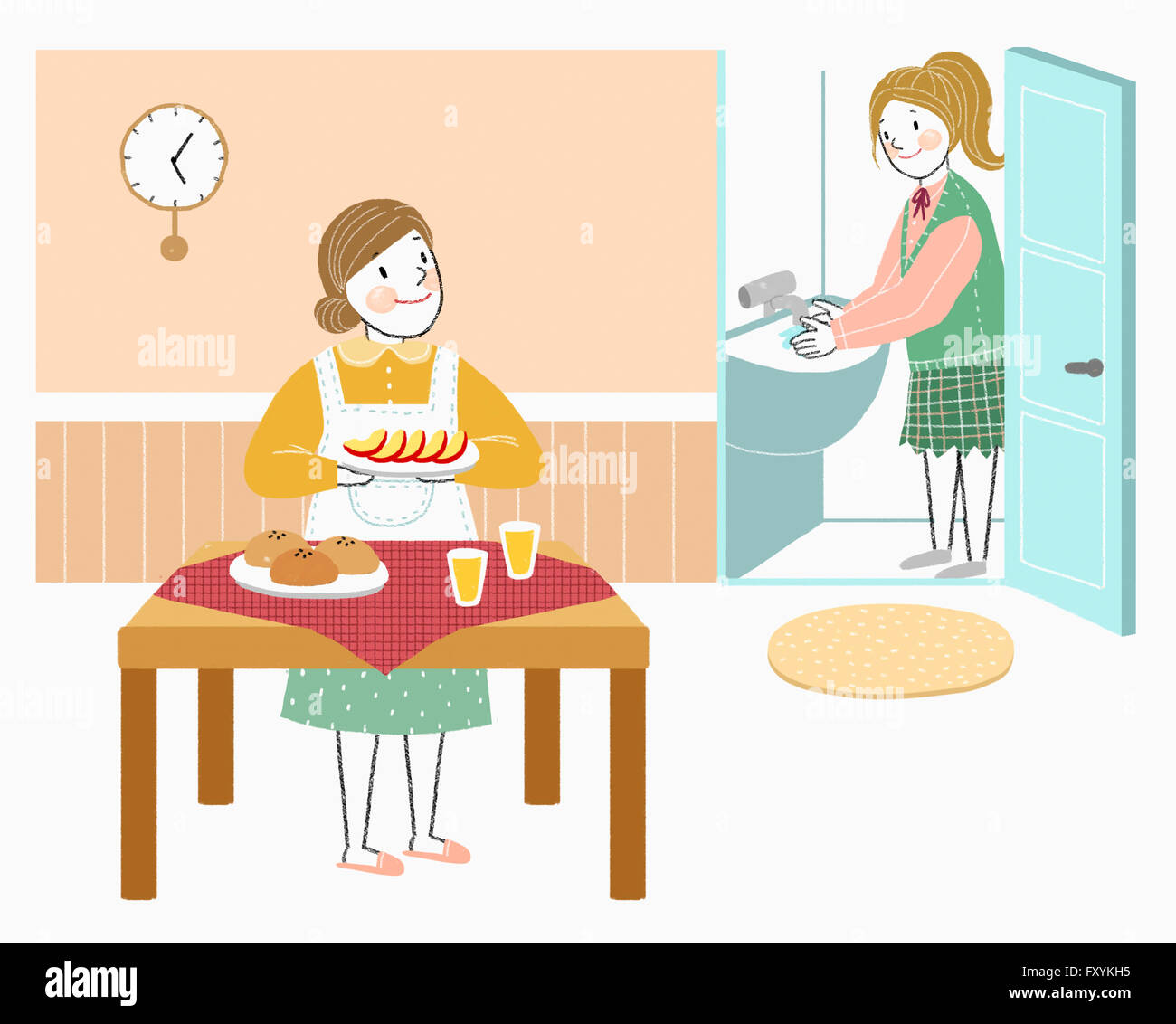 Washing hands before eating in illustration Stock Photo