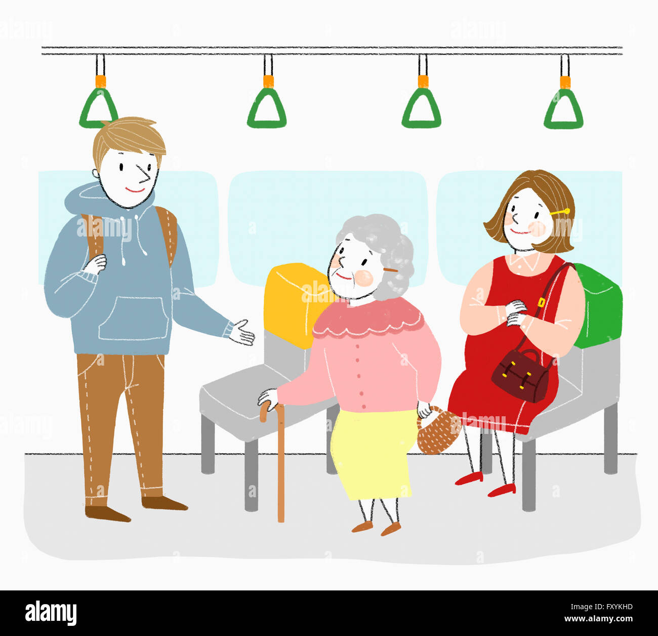 Giving up one's seat to an old lady at the bus representing public