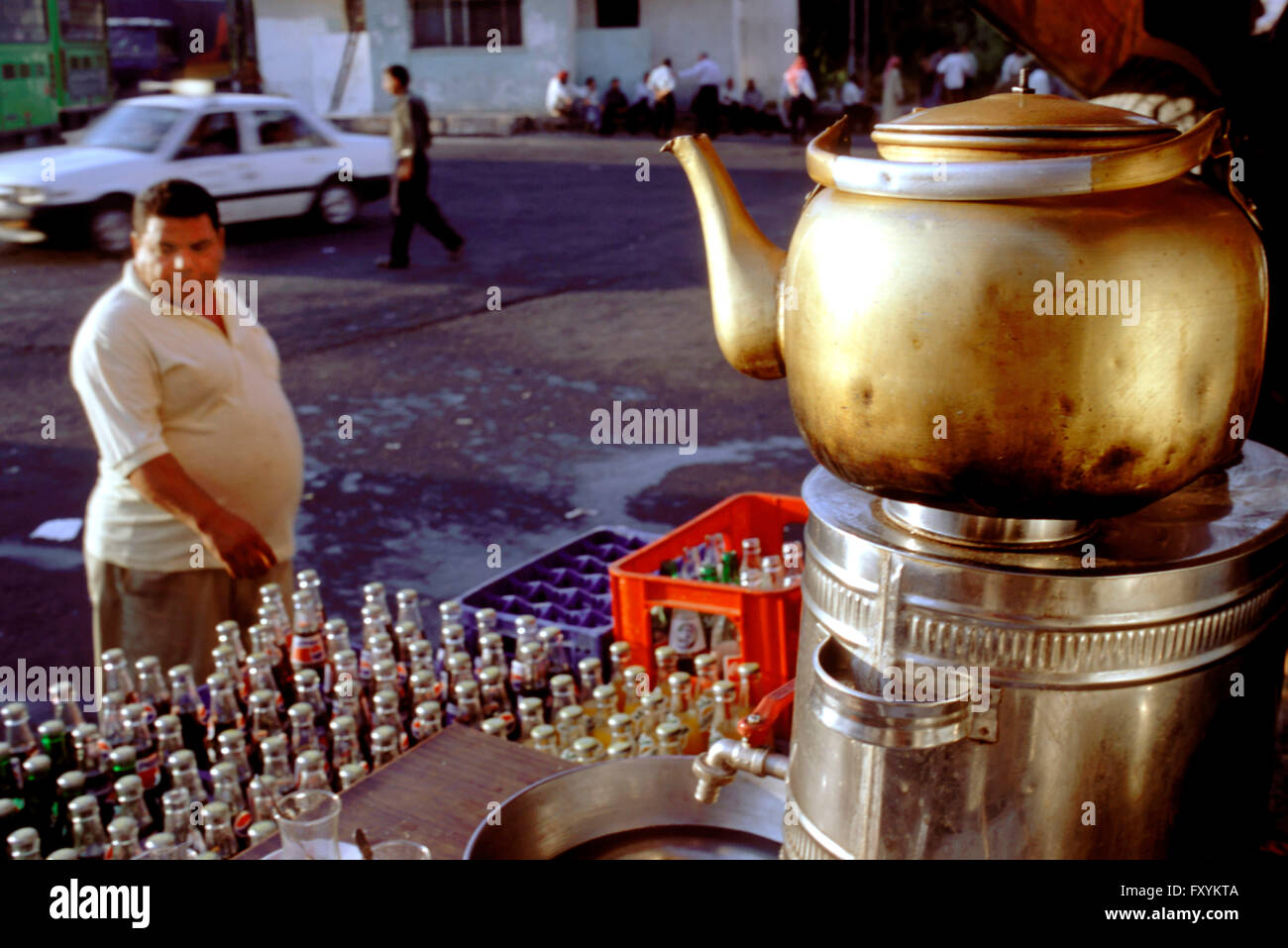 Sale of soft drinks and tea. Giant teapot. Downtown, Amman, Jordan. Stock Photo