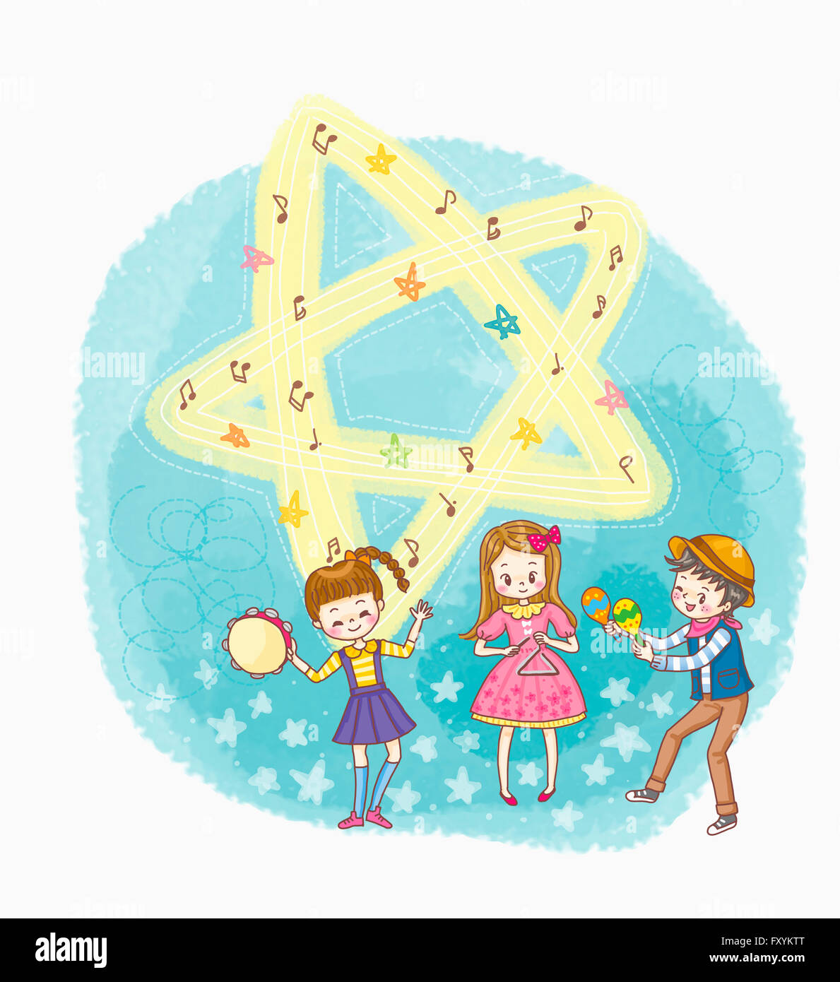 Three children playing percussion instrument in illustration Stock ...