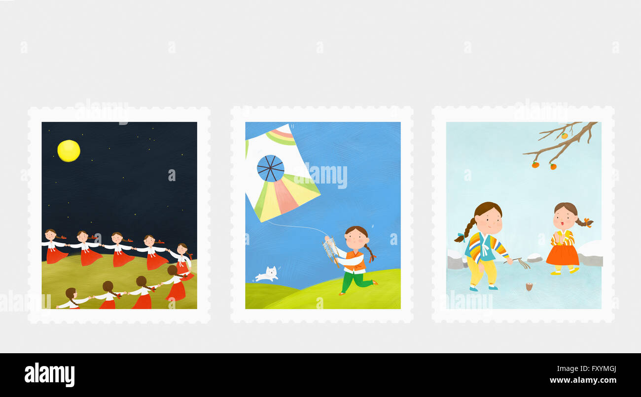 Various designs in illustration representing Korean traditional holiday Stock Photo