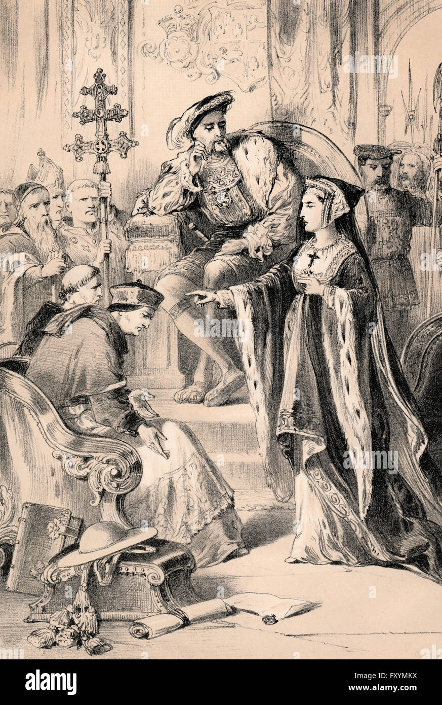 Catherine of Aragon at the trial of their marriage before her husband King Henry VIII of England Stock Photo