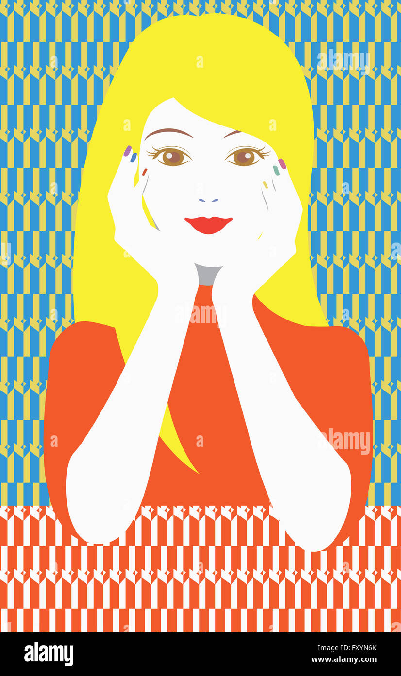 Portrait of a woman cupping her face with her hands in geometric