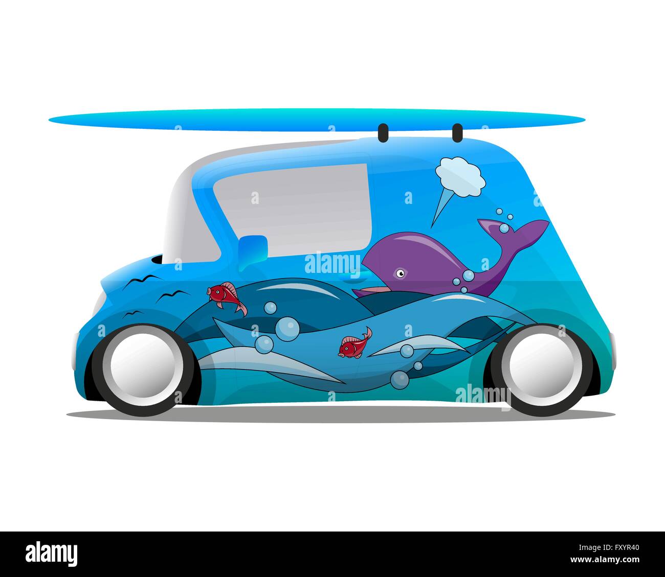 ocean aerography mini cartoon car with a surfboard, vector illustration Stock Vector