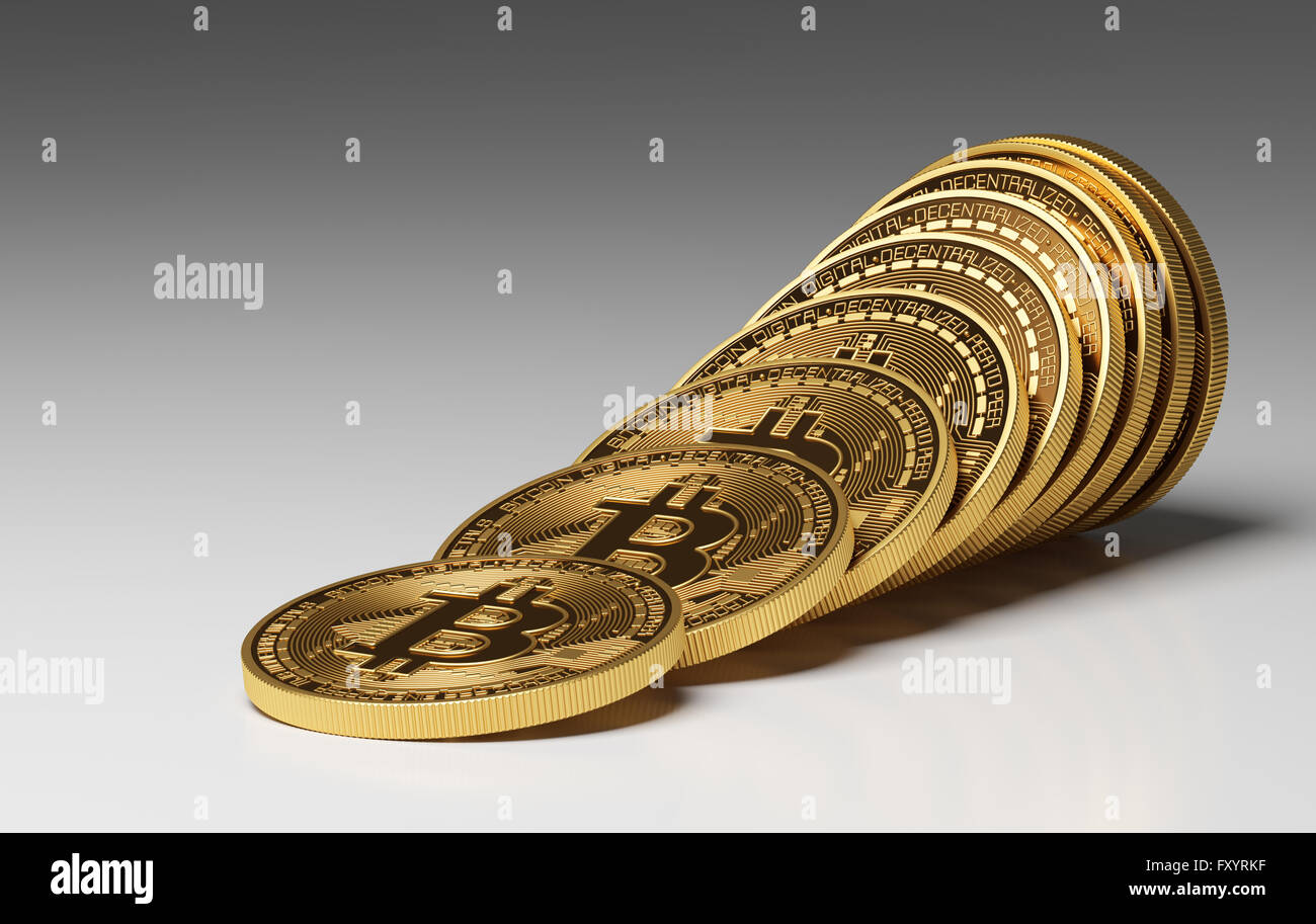 Virtual Coins Bitcoins On Gray Background. 3D Scene. Stock Photo
