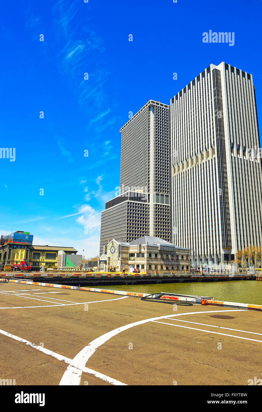 Helicopter Pad and helicopter in Lower Manhattan in New York, USA, on