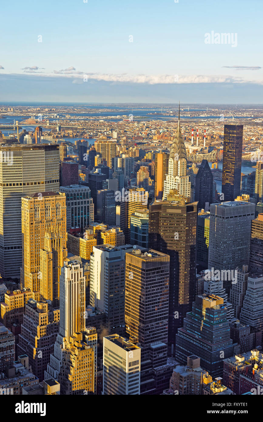 NEW YORK, USA - APRIL 25, 2015: Aerial view from Empire State Building on Midtown East, Manhattan, New York, USA. Queensboro Bridge and Triborough Bridge, Roosevelt Island and Long Island City Stock Photo
