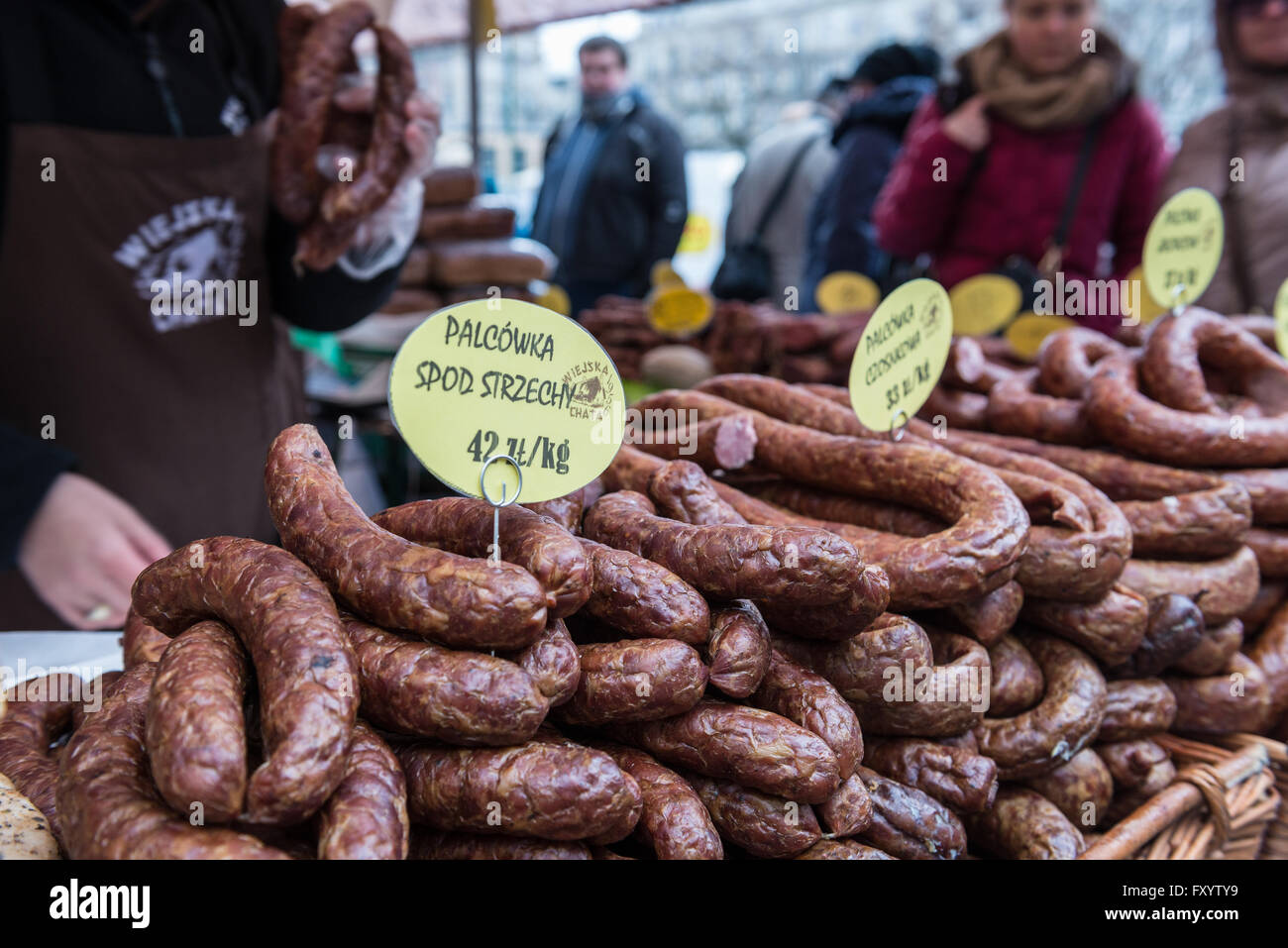 Polish sausages on traditional food market in Warsaw, Poland Stock