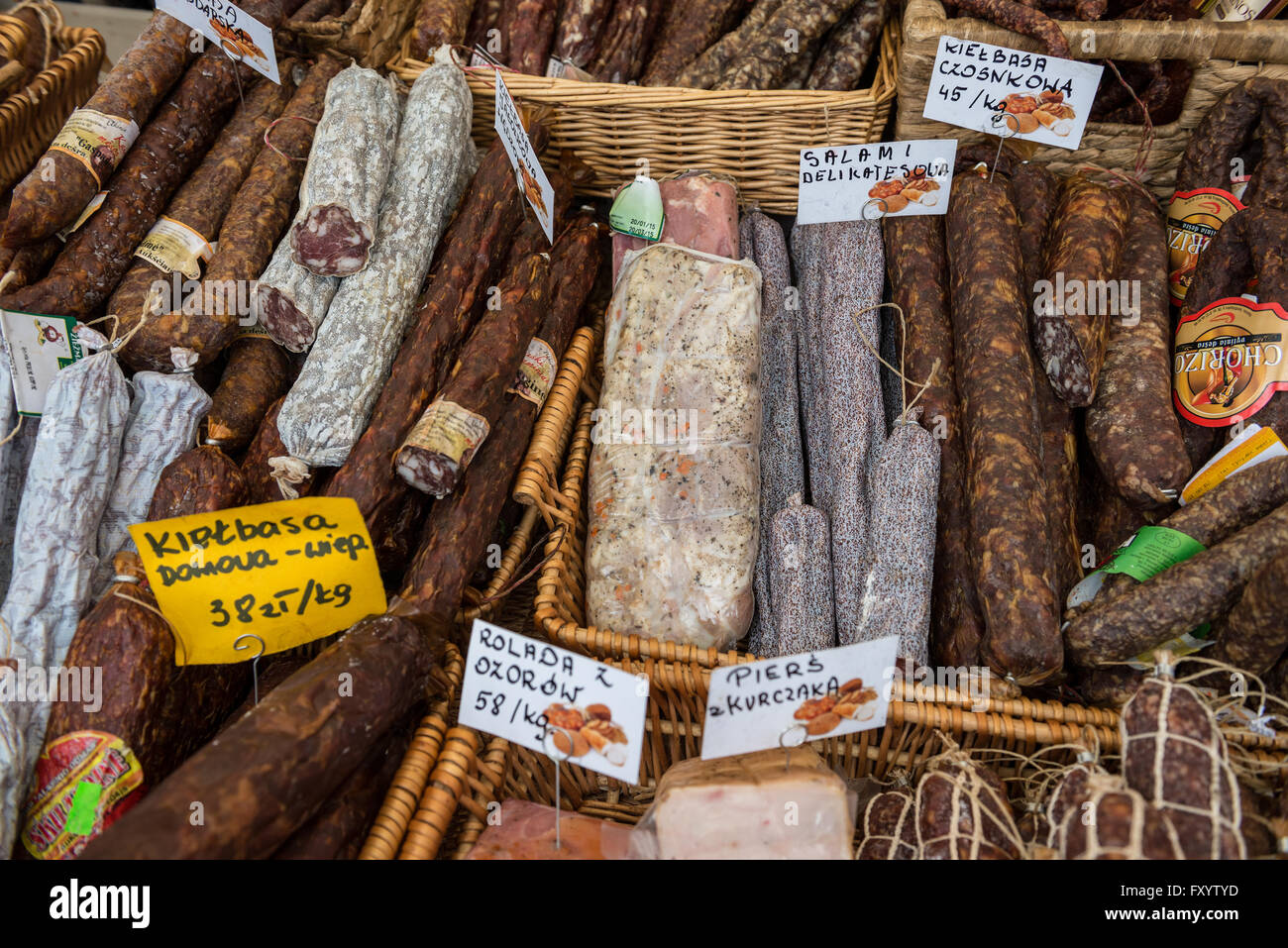 Polish sausages on traditional food market in Warsaw, Poland Stock