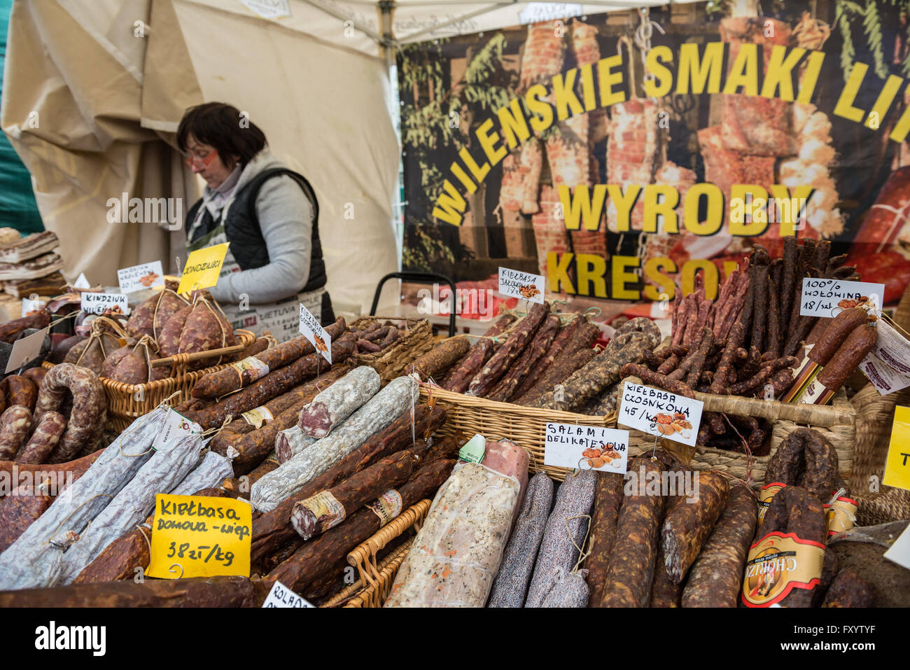 Polish sausages on traditional food market in Warsaw, Poland Stock