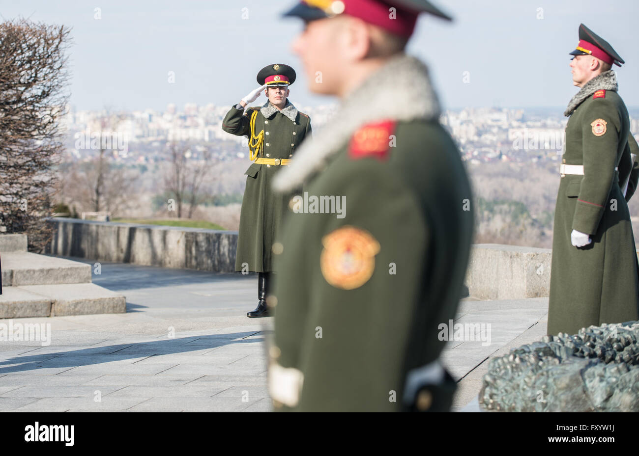 Guard of Honour in front of Glory Obelisk and Tomb of the Unknown Soldier in Park of Glory in Kiev, Ukraine Stock Photo