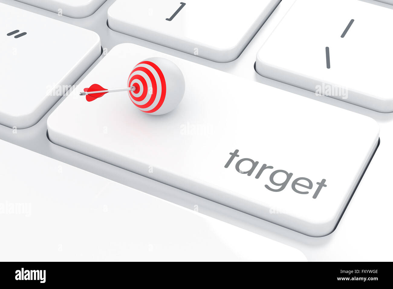 Computer keyboard white button with target goal sphere and arrow. Goal