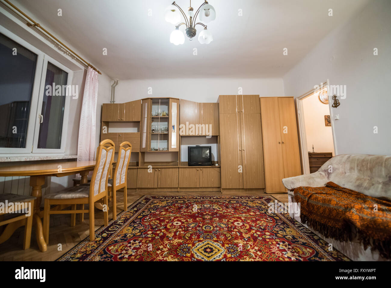 Interior of the efficiency apartment decorated in the late eighties and