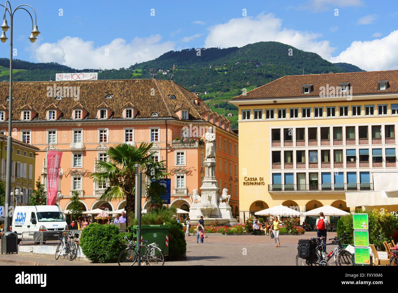 Bolzano, Italy - August 21, 2014: Walther Square (Piazza Walther) built in 1808 by order of King Maximilian of Bavaria Stock Photo