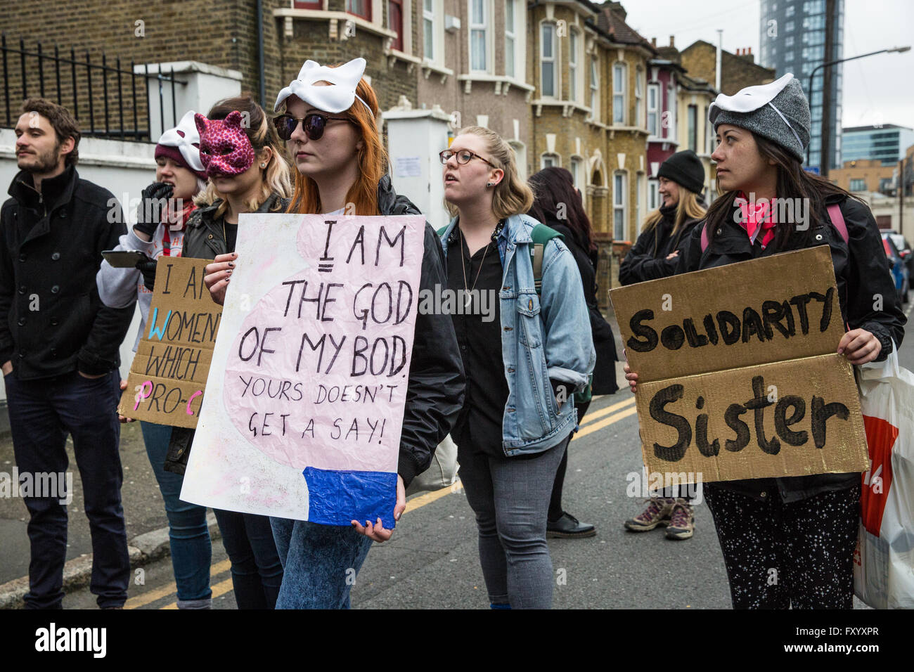 London, UK. 16th April, 2016. Feminist Fightback campaigners protest for ‘reproductive rights’ outside a Stratford church. Stock Photo
