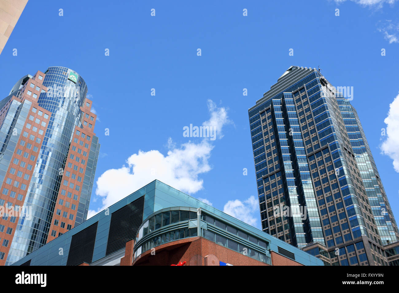 Montreal, Canada - July 28, 2008: glimpse of downtown Montreal and some modern and contemporary skyscrapers against a blue summer sky. Stock Photo