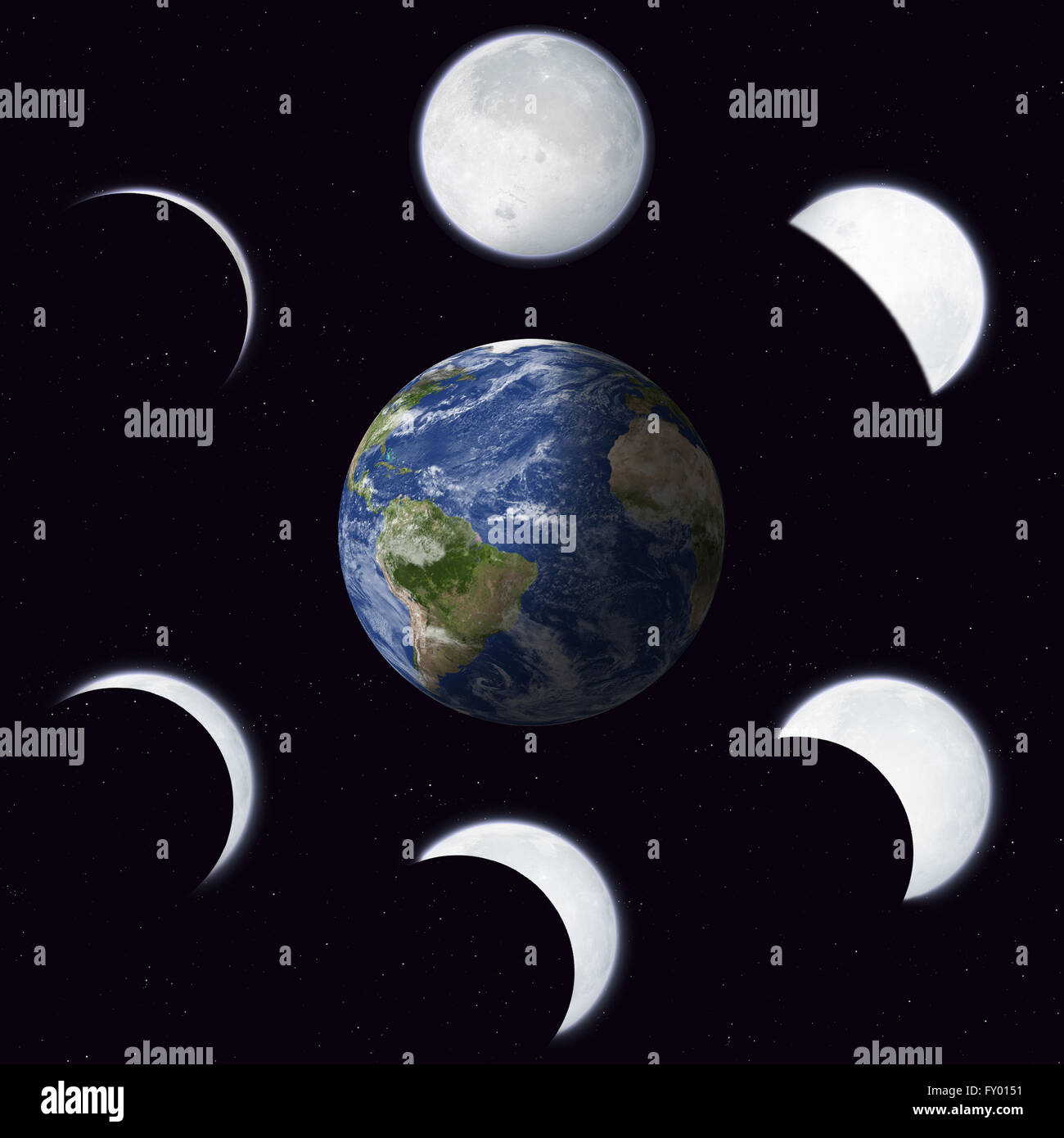 imaginary illustration of moon phases calendar around earth Stock Photo ...
