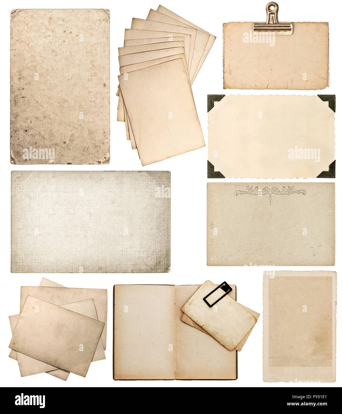 Set of old paper sheets FL. Vintage photo album and book pages, cards