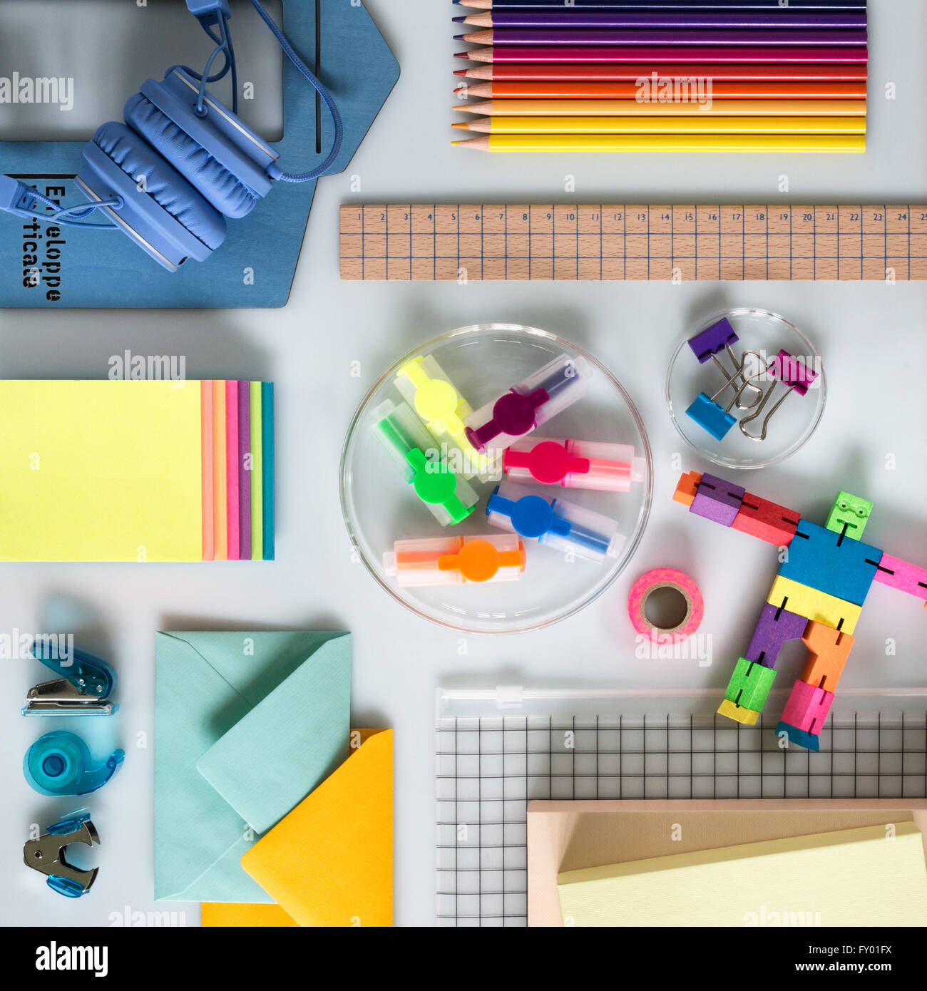 Colourful stationary flat lay Stock Photo - Alamy