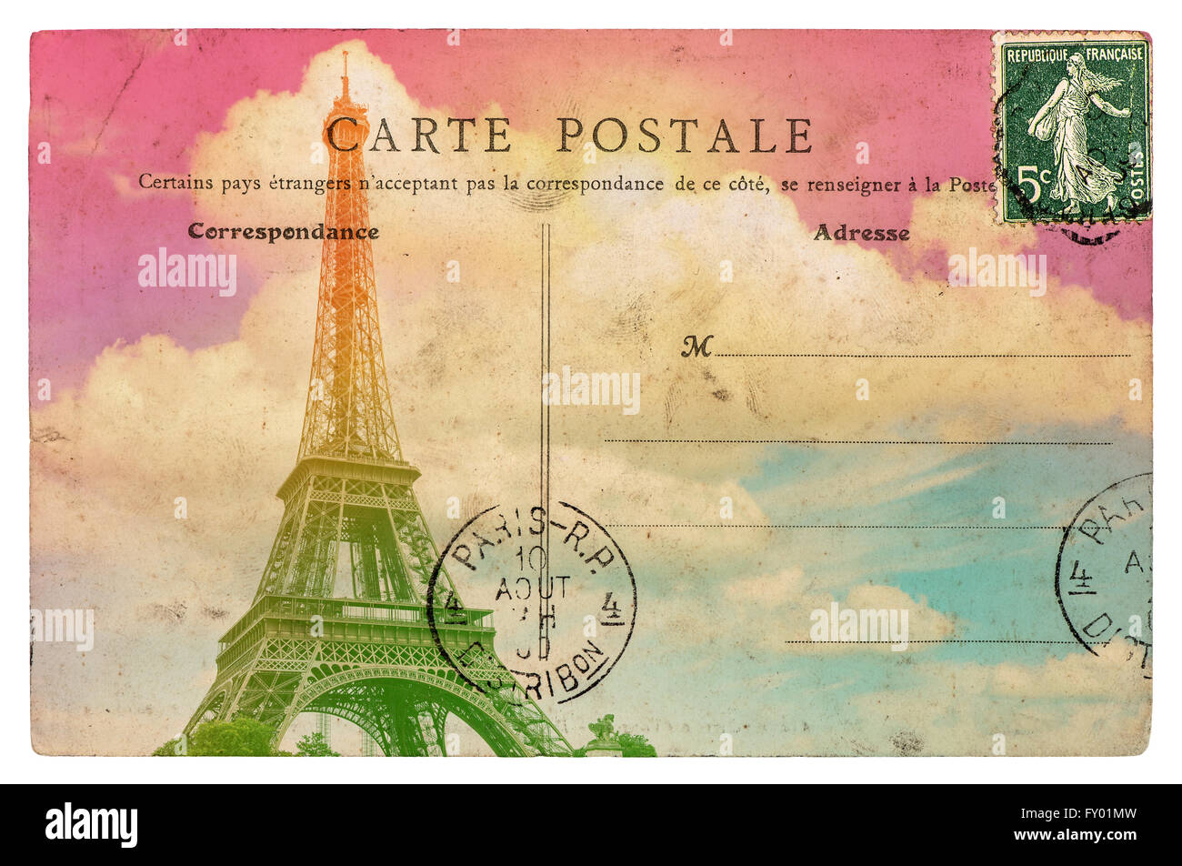 Vintage styled french postcard Eiffel Tower Paris. Retro toned paper background Stock Photo