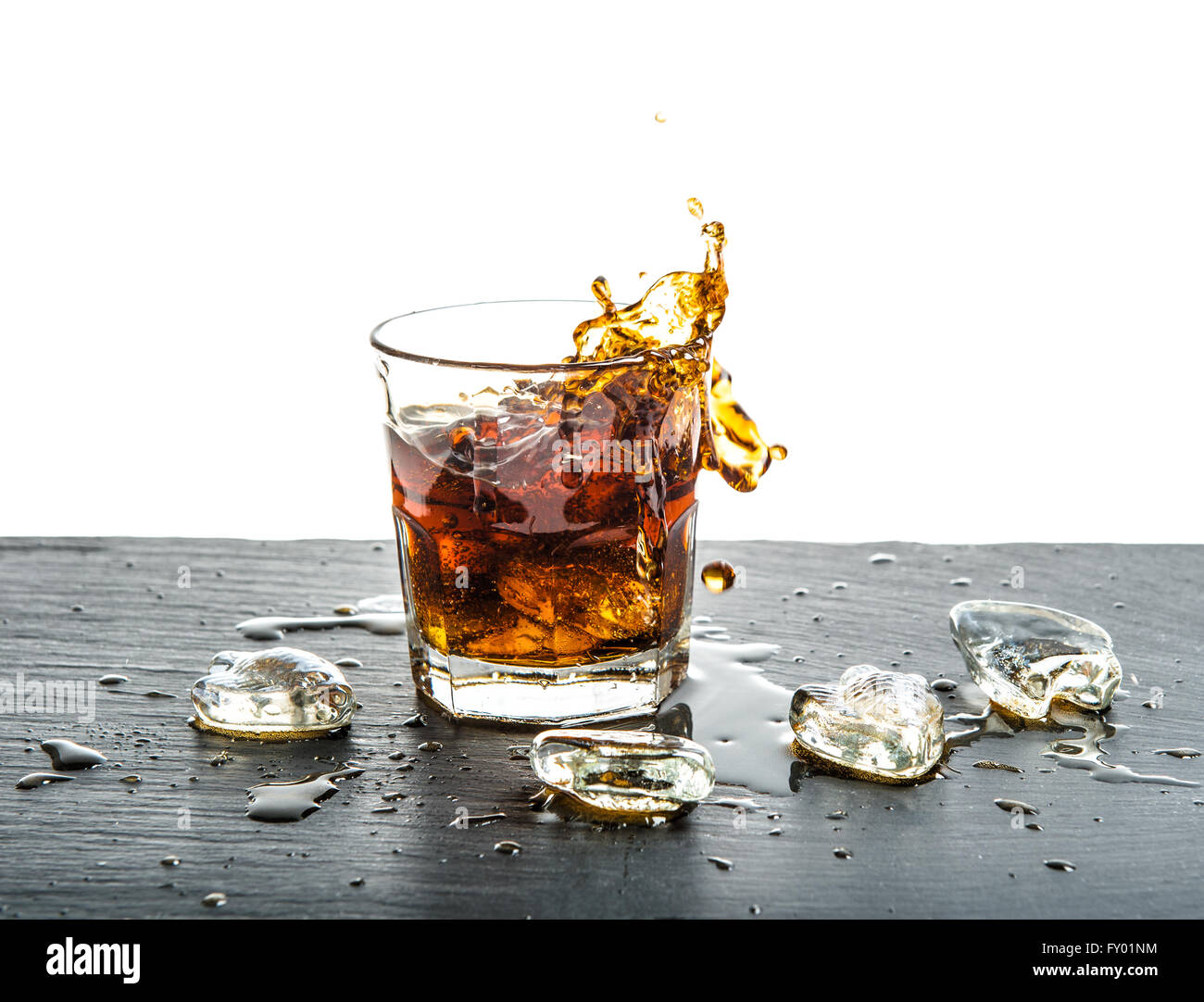 Glass of cola drink with splash over white background. Food and