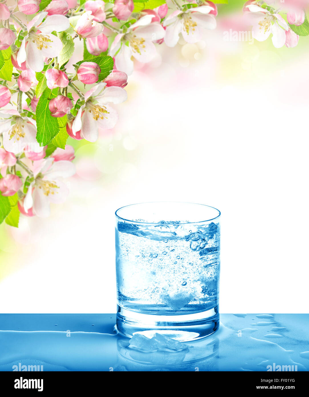 Sparkling water in glass over bright nature background. Cold drink and