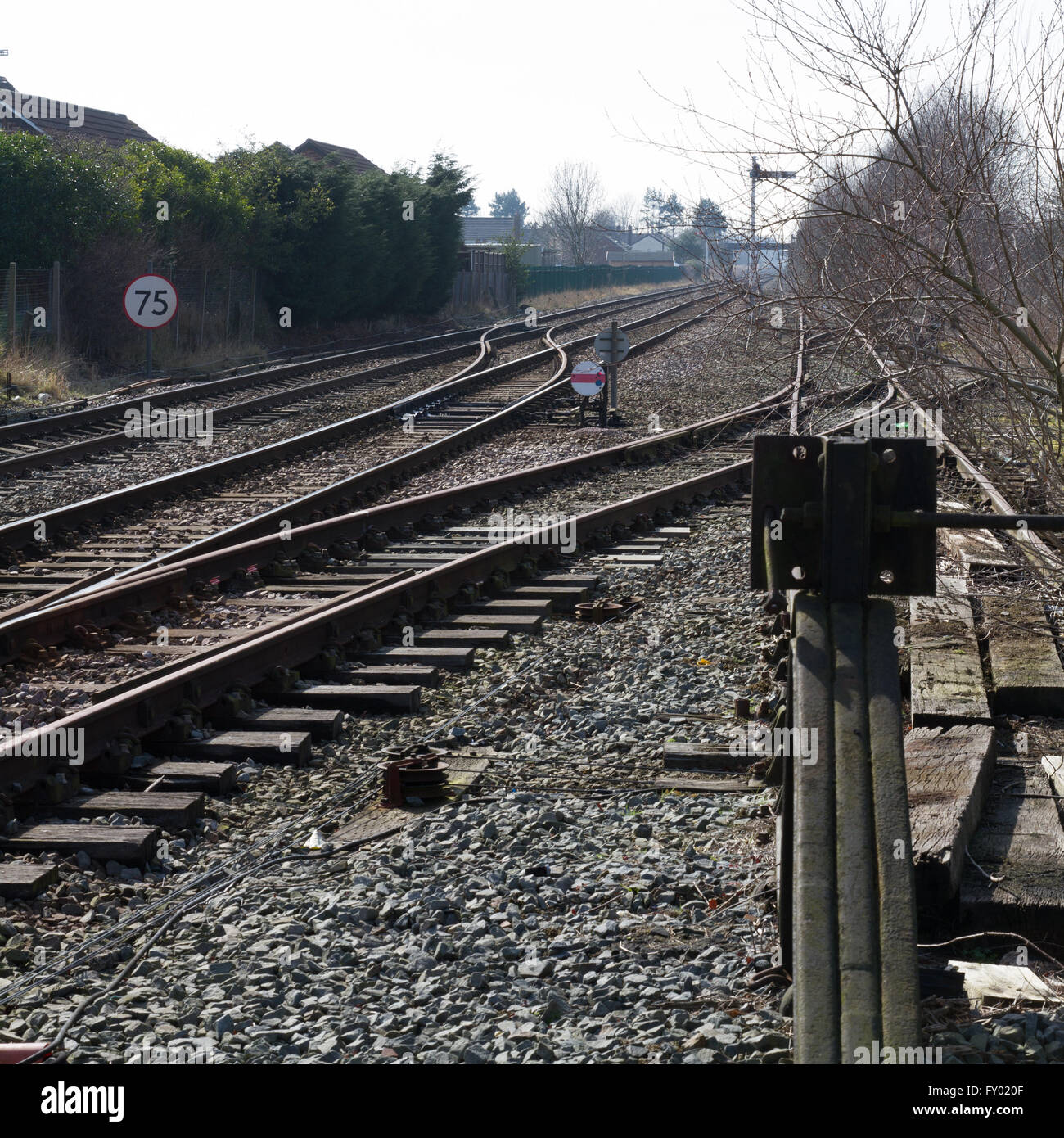 Former goods sidings, track and signals at Helsby railway station. Stock Photo