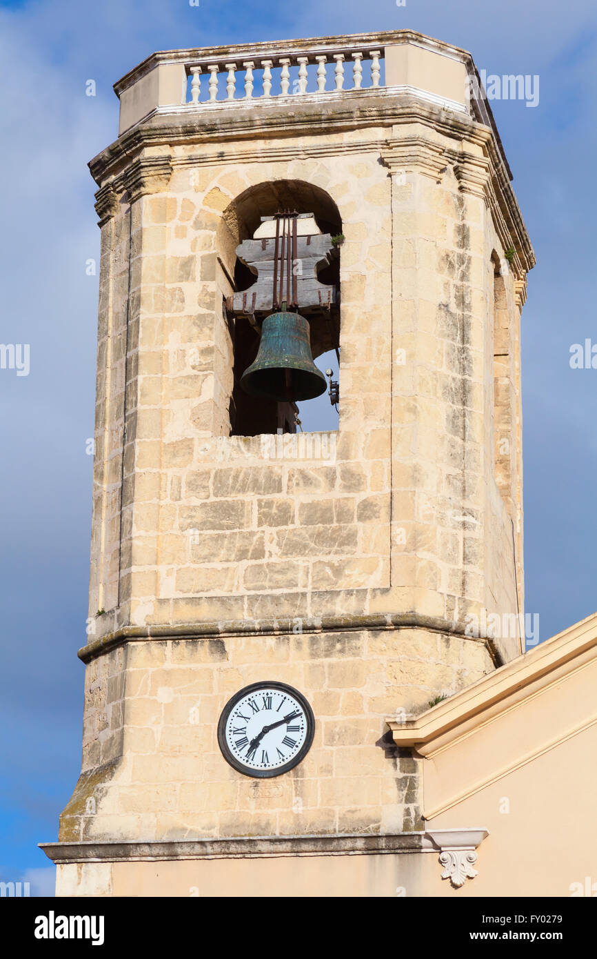 Esglesia de Calafell. Bell tower of Catholic cathedral in old town. Tarragona region, Catalonia, Spain Stock Photo