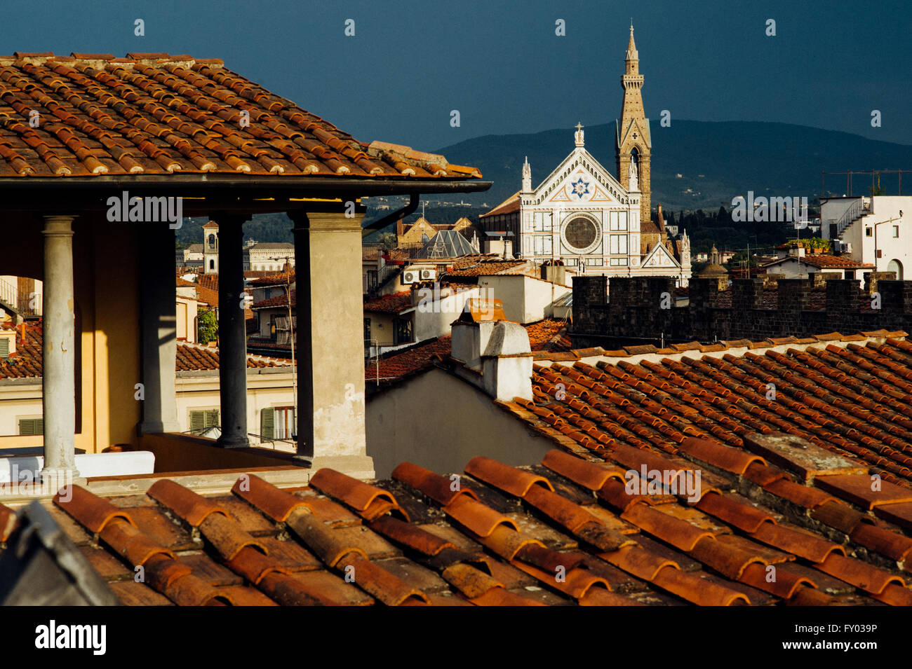 Throughout the roofs view of the international landmark church of Piazza Santa Croce, Florence. Italy. Stock Photo