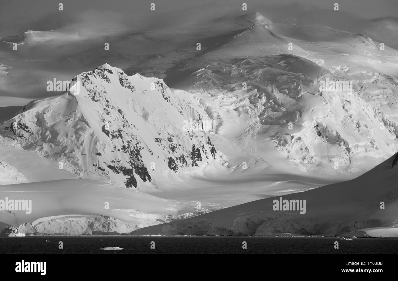 Ice age landscape in black and white, Antarctic Peninsula, Antarctica Stock Photo