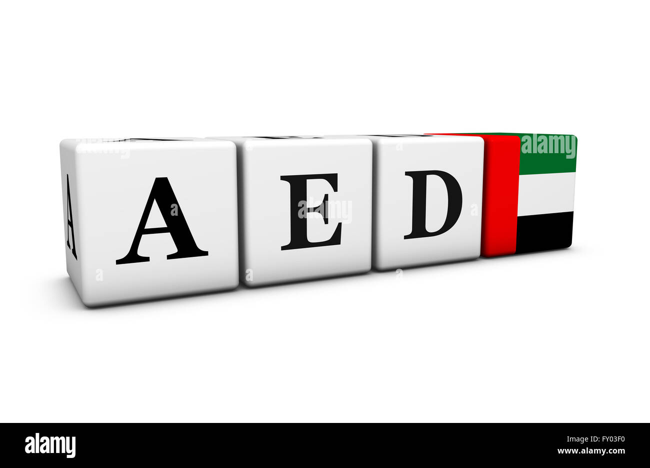 Currency exchange market and financial stock concept with AED United Arab Emirates dirham code and the Emirati flag on cubes. Stock Photo