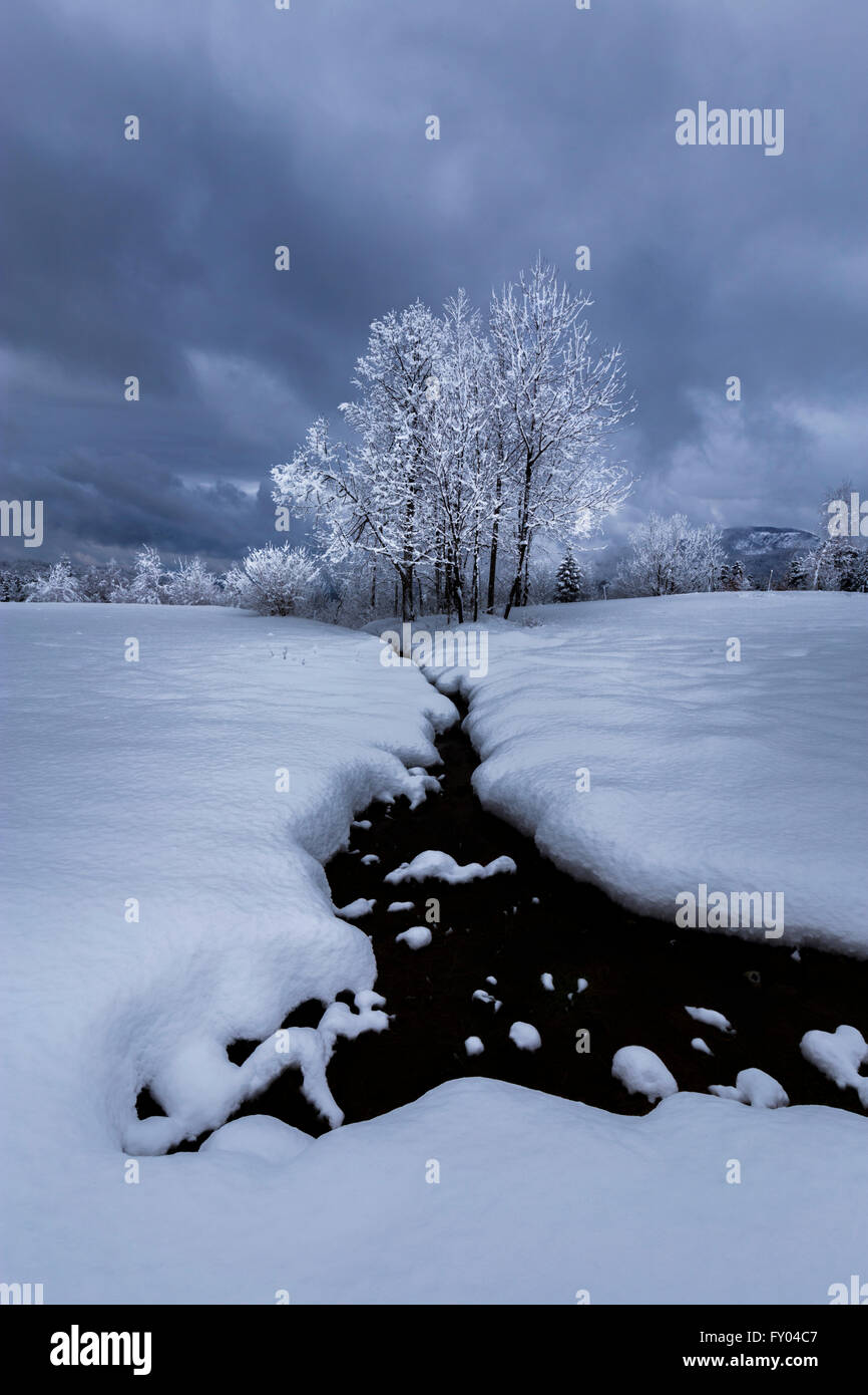 Snow and flowing creek water Stock Photo - Alamy