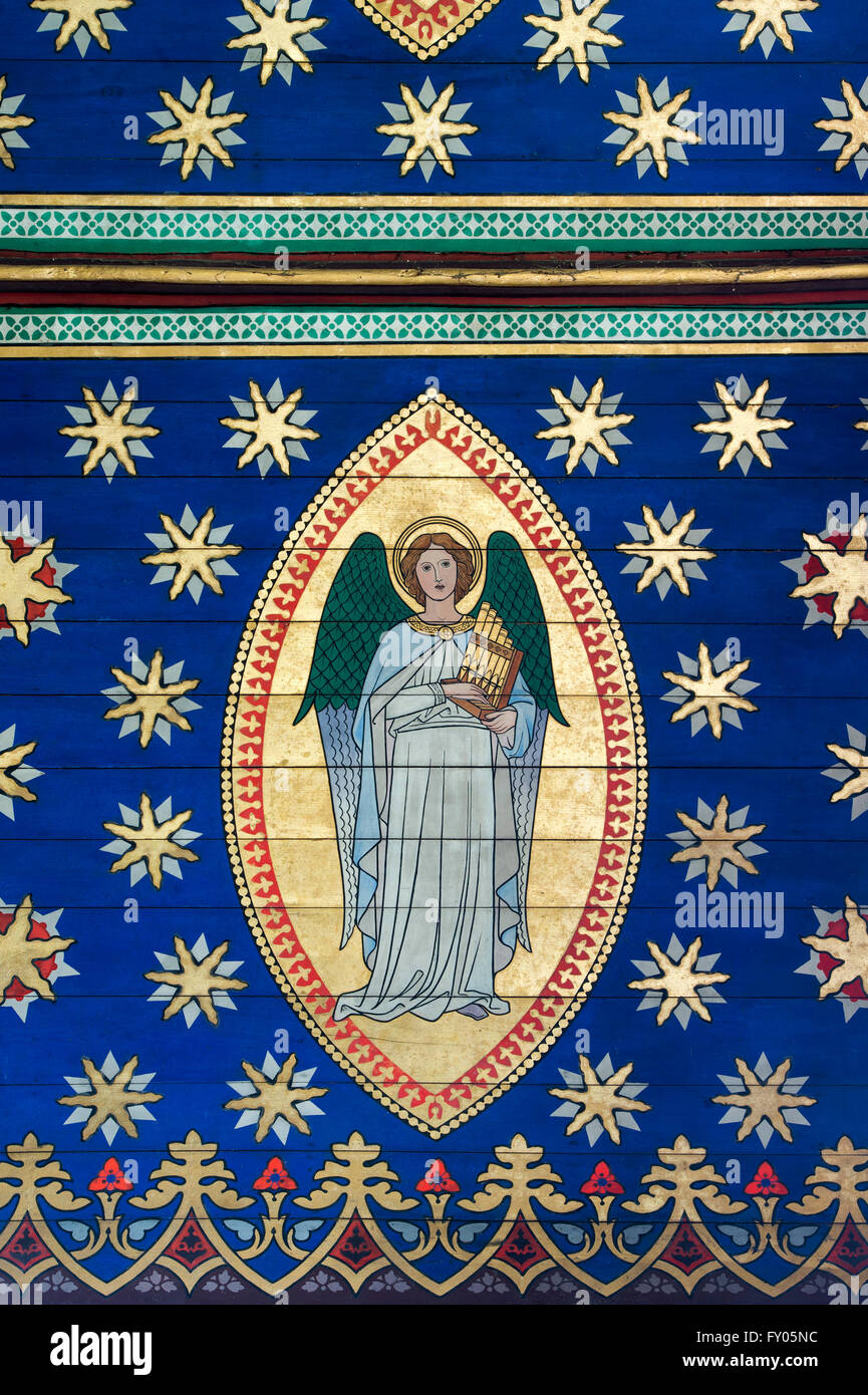 Decorative painted angel chancel ceiling in St Marys church, Kempsford, Gloucestershire. England Stock Photo