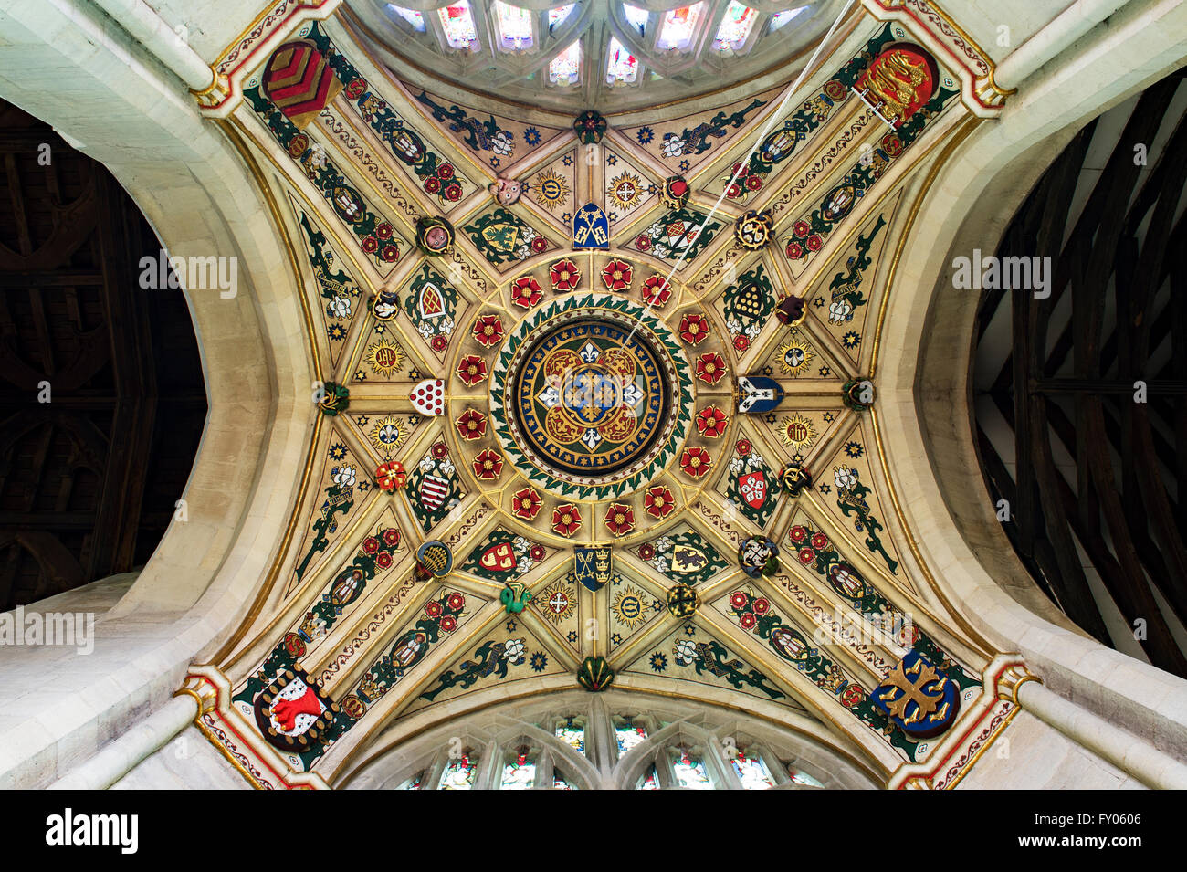 Decorative painted tower ceiling with heraldic shields in St Marys church,  Kempsford, Gloucestershire. England Stock Photo - Alamy