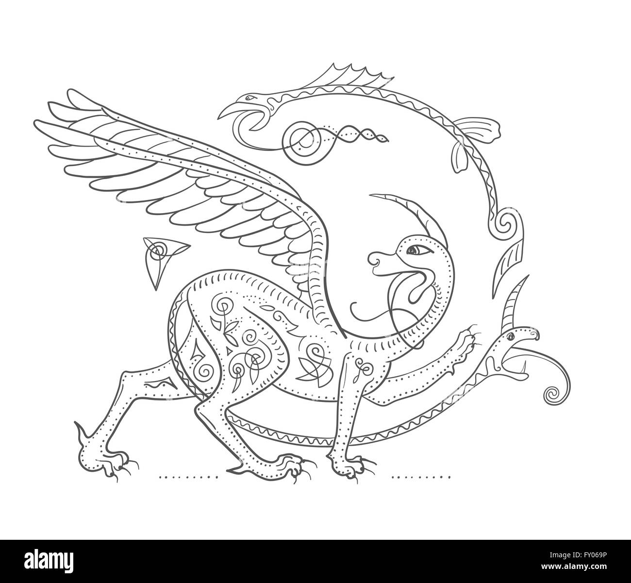 Griffin fantasy monster creature. Medieval style illustration circle decorative composition Stock Photo