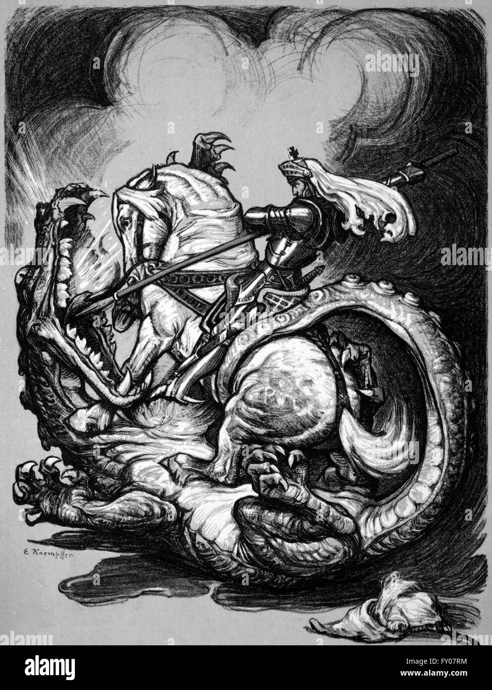 An illustration of St George on horseback, slaying the dragon. Artist, Edward Kaempster,  1914 Stock Photo