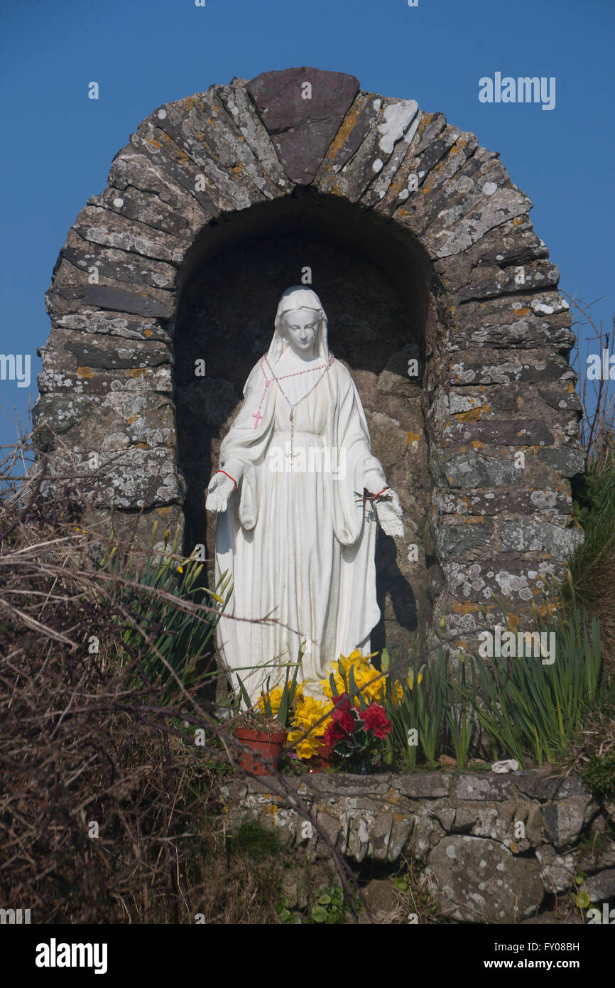 Statue of St Non near holy well dedicated to her St Non's Near St David's Pembrokeshire West Wales UK Stock Photo