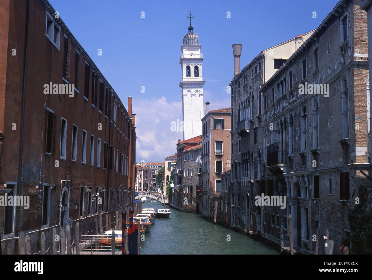 San Giorgio dei Greci campanile and church and Rio dei Greci canal Castello sestier Venice Veneto Italy Stock Photo