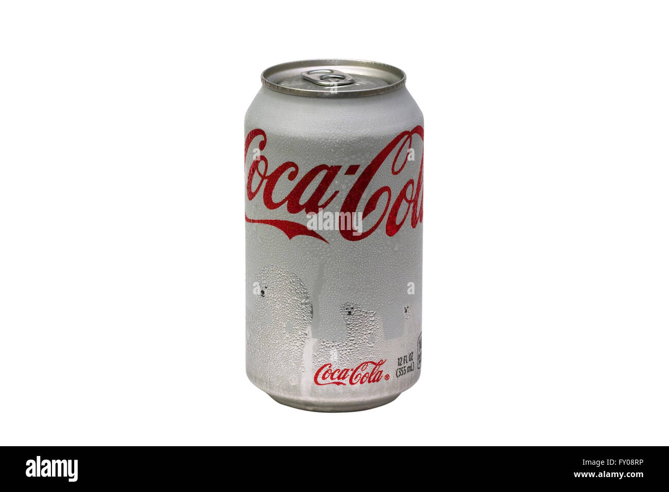 Cut Out White Polar Bear Coca-Cola can with condensation isolated on white background Stock Photo