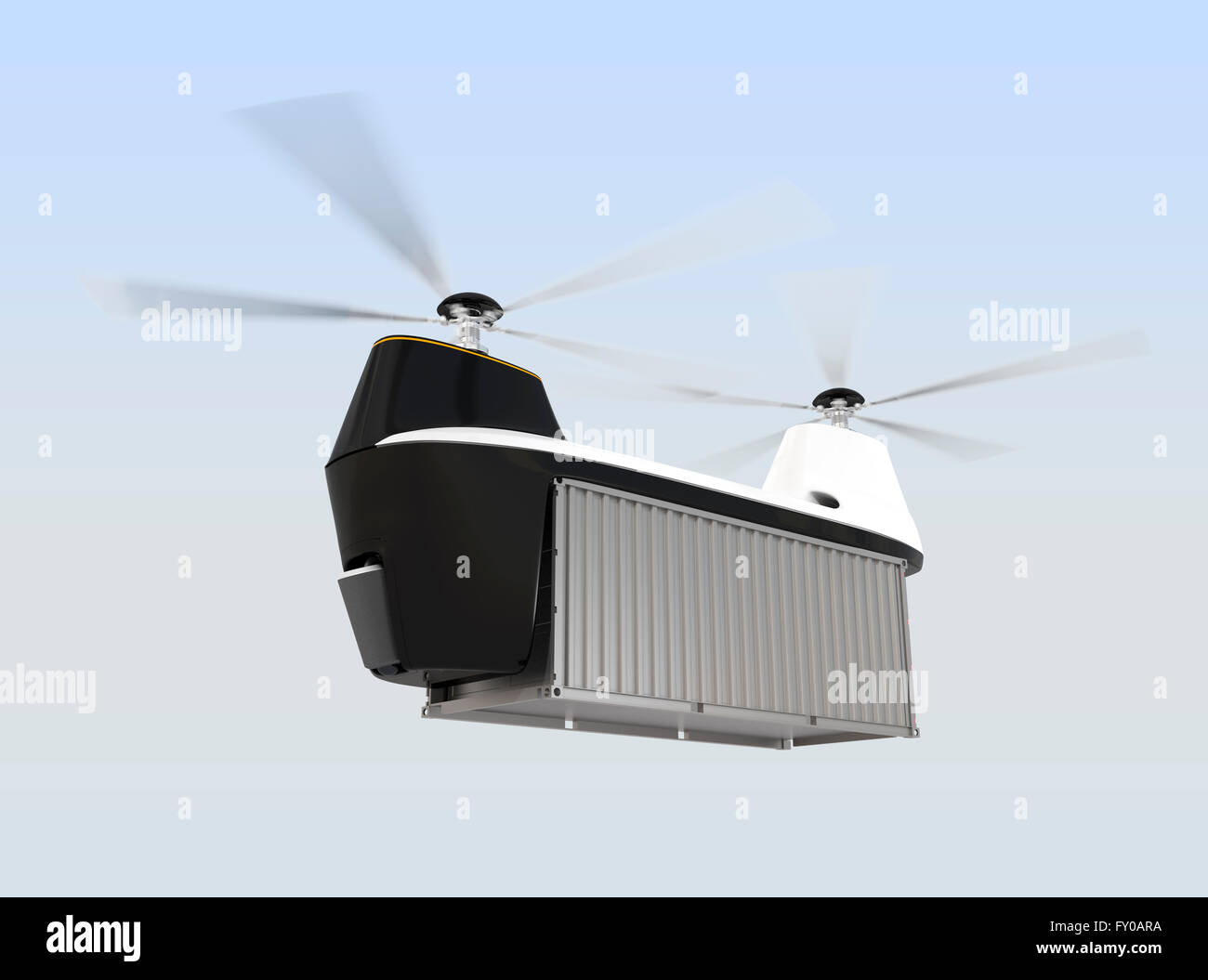 Drone carrying cargo container flying in the sky. 3D rendering image Stock Photo