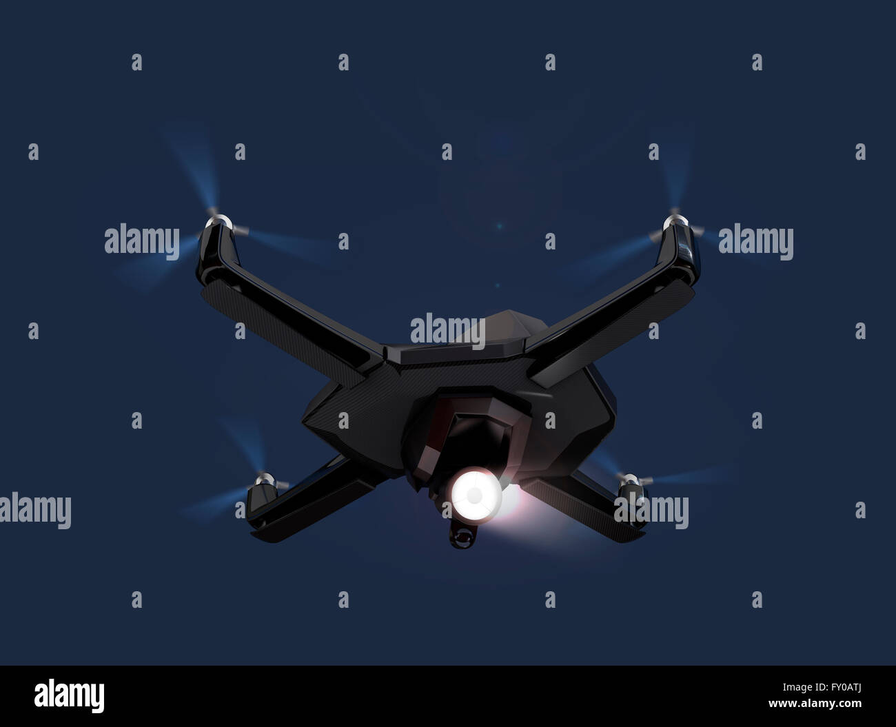 Stealth drone equip with search light flying in the night sky. 3D