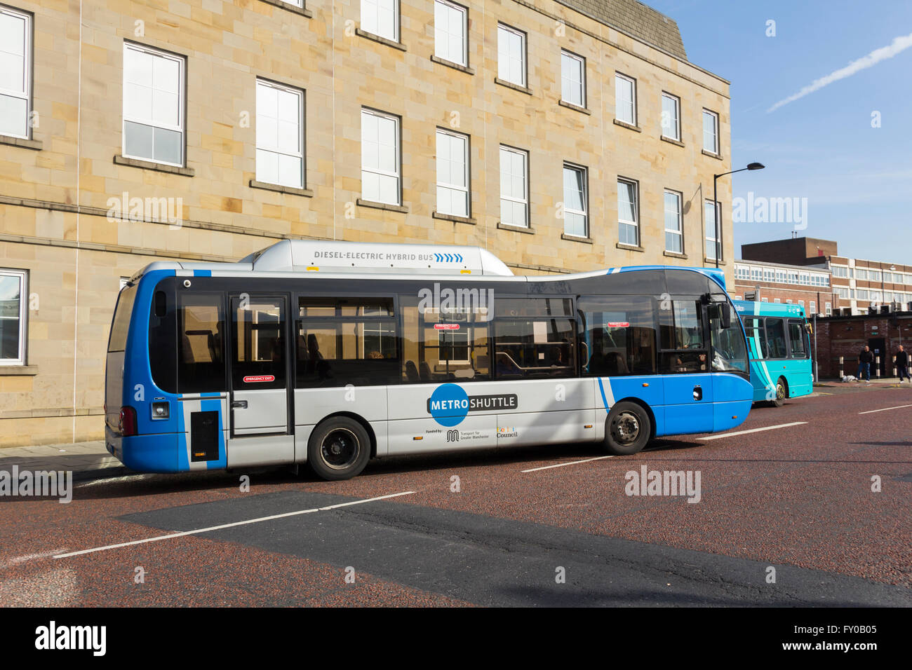 Bolton metro shuttle bus, service 500, provides a free circular route bus service linking key points around Bolton town centre. Stock Photo