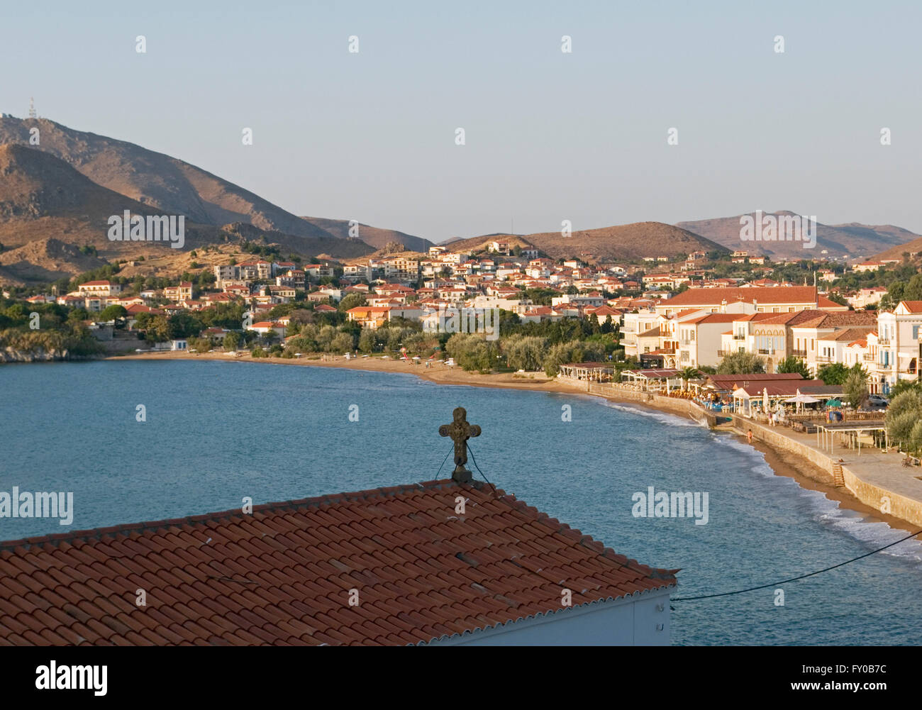 view of the town of Myrina ('Romeikos Gialos' ) , Lemnos  island, North Aegean, Greece. Stock Photo