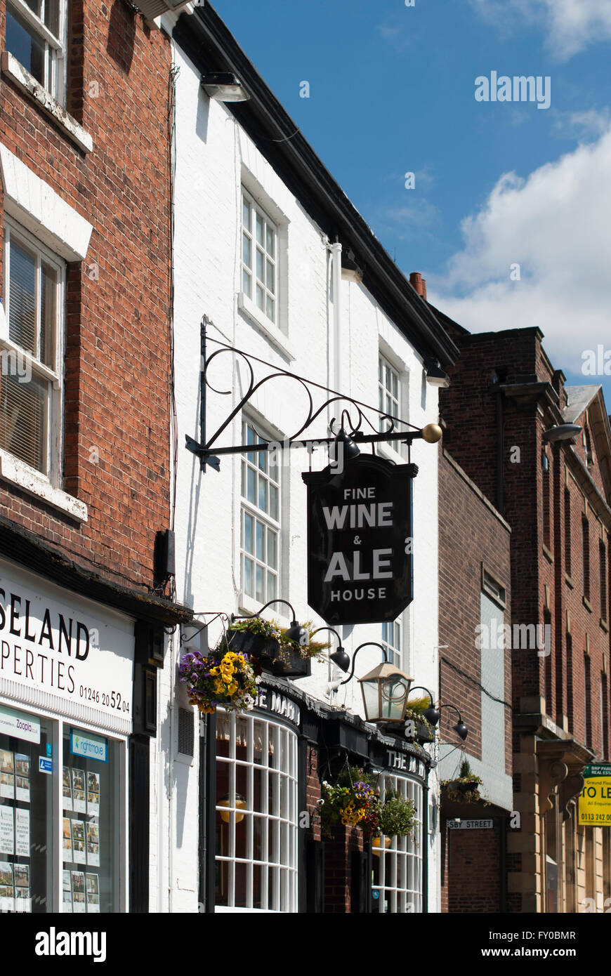 The Market Pub sign Chesterfield - showing Fine Wine and Ale house Stock Photo