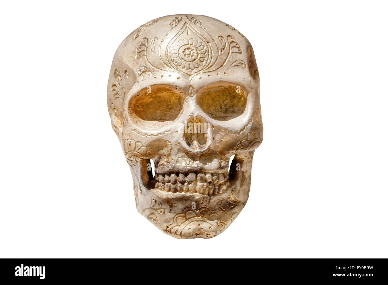 Isolated skull on white background with carved ornaments Stock Photo