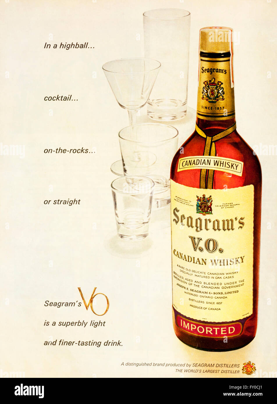 1960s magazine advertisement advertising Seagram's V.O. Canadian Whisky. Stock Photo