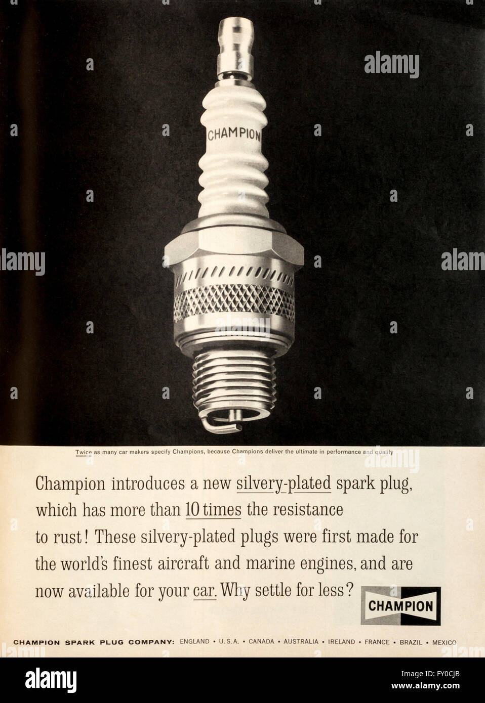 1960s magazine advertisement advertising Champion spark plugs. Stock Photo
