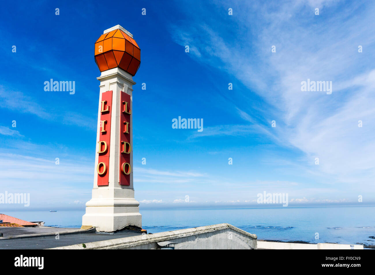 Cliftonville Lido sign on the clifftop at Margate, Kent. Stock Photo