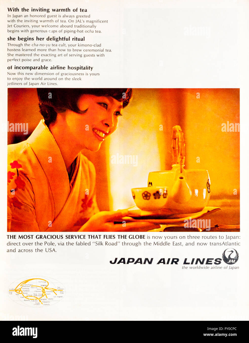1960s magazine advertisement advertising Japan Air Lines. Stock Photo