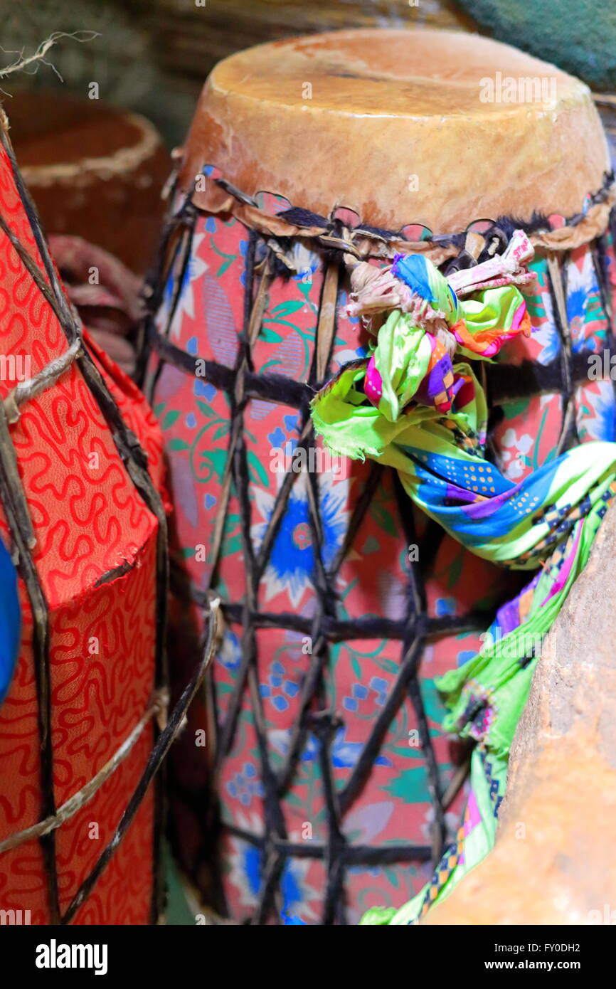 Large manycolored liturgical hand drum inside the ethiopian orthodox christian Wukro Chirkos